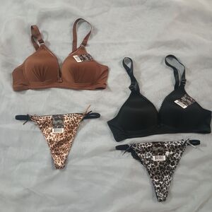 Black and Leopard Print Women's Bra & Thong Set